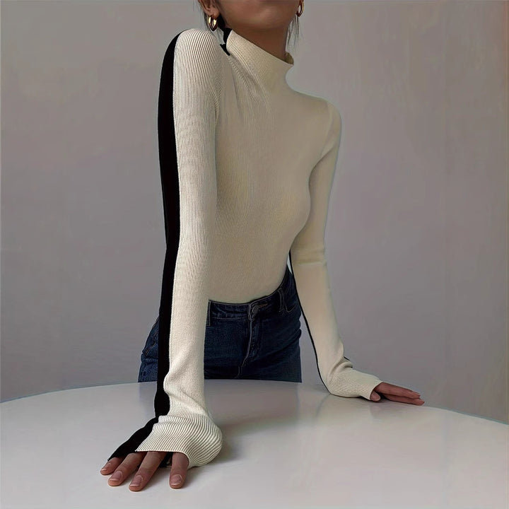 Damen Hochwertiger Rollkragenpullover mit kontrastierenden Ärmeln Drune