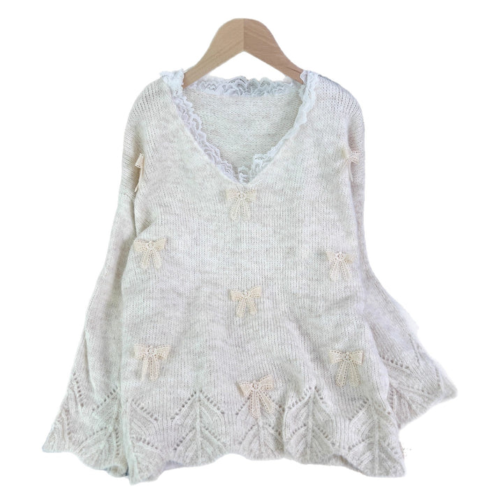 Damen modischer Strickpullover mit verspielten Schleifenapplikationen Drune