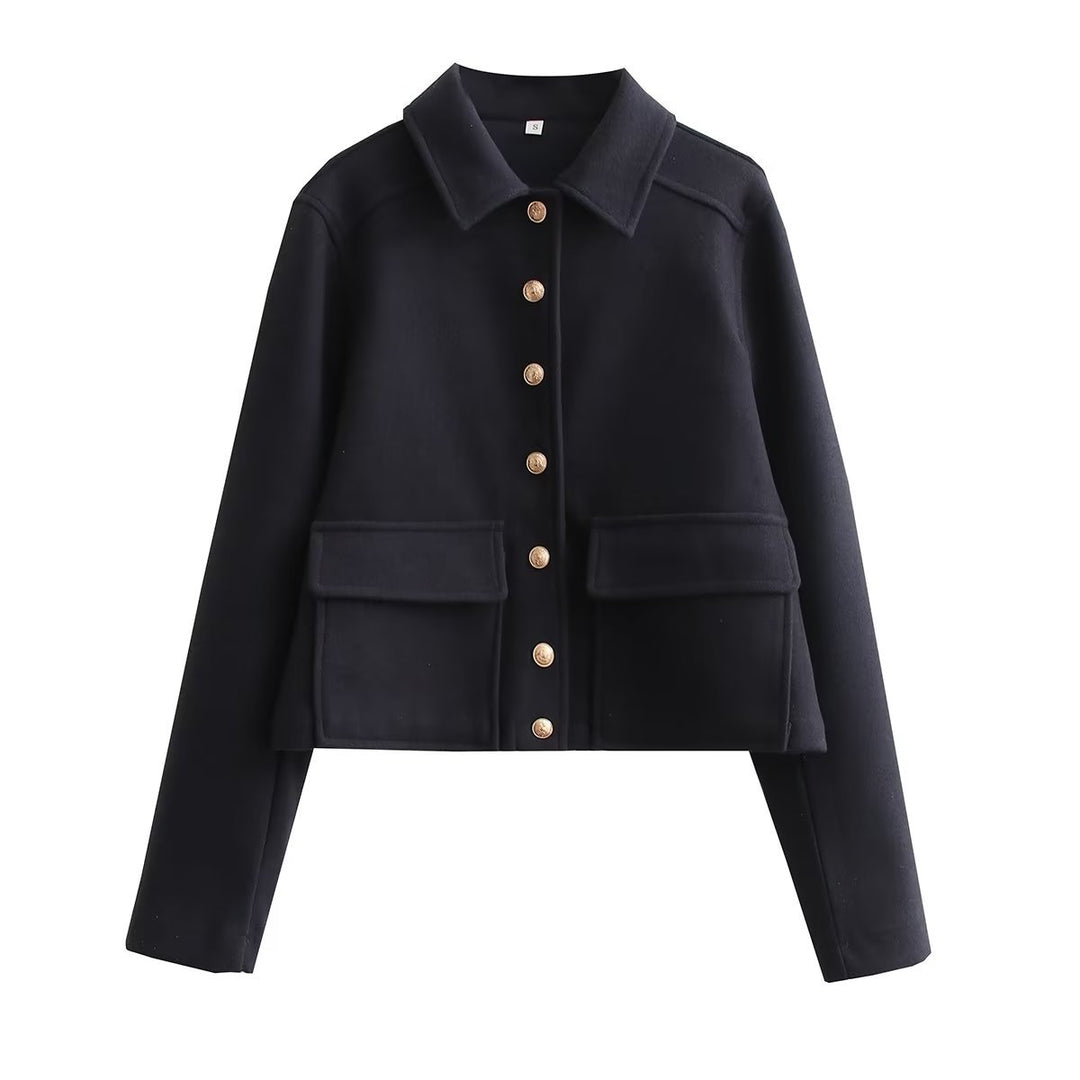 Damen modische Kurzjacke aus strukturiertem Wollmaterial mit praktischen Pattentaschen Drune