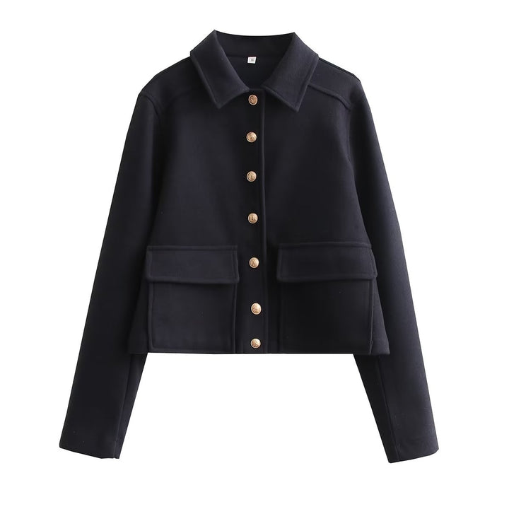 Damen modische Kurzjacke aus strukturiertem Wollmaterial mit praktischen Pattentaschen Drune