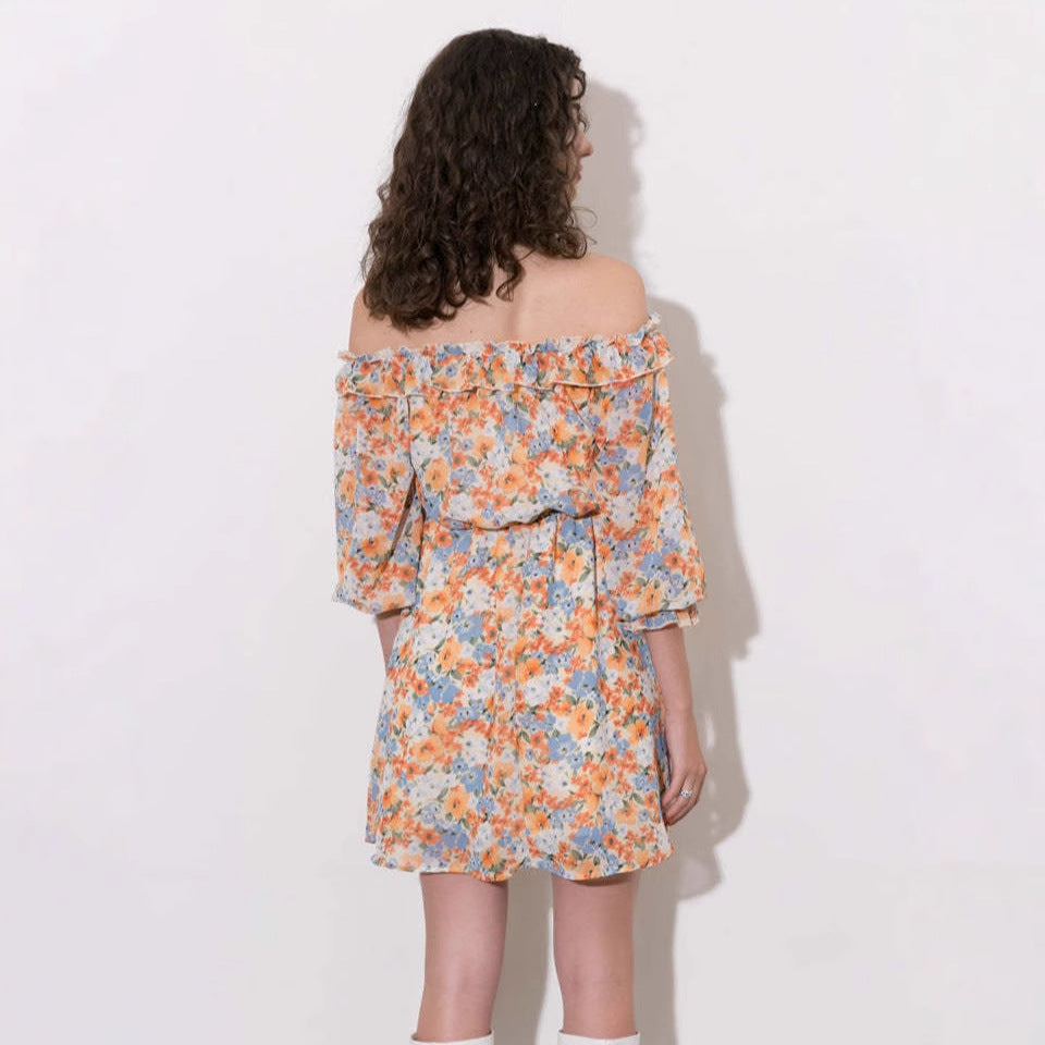 Damen Blütenmuster Off-Shoulder Kleid Drune