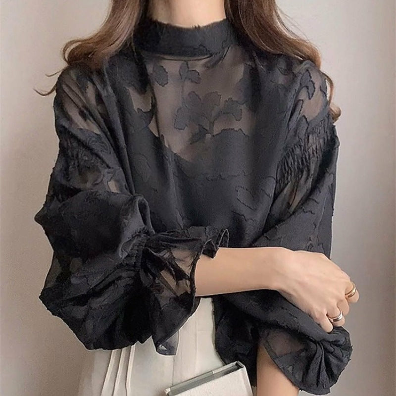 Damen elegante Bluse mit floralem Stickmuster und voluminösen Ärmeln Drune