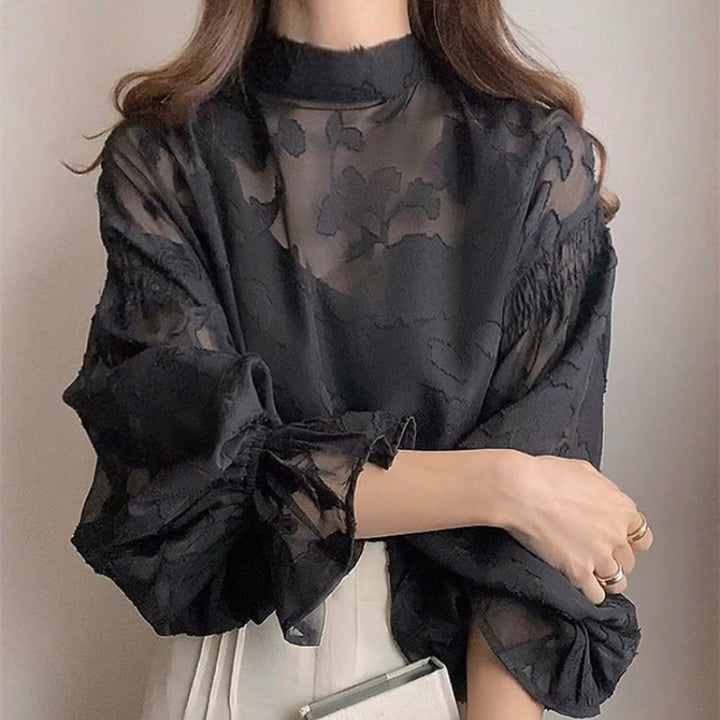 Damen elegante Bluse mit floralem Stickmuster und voluminösen Ärmeln Drune