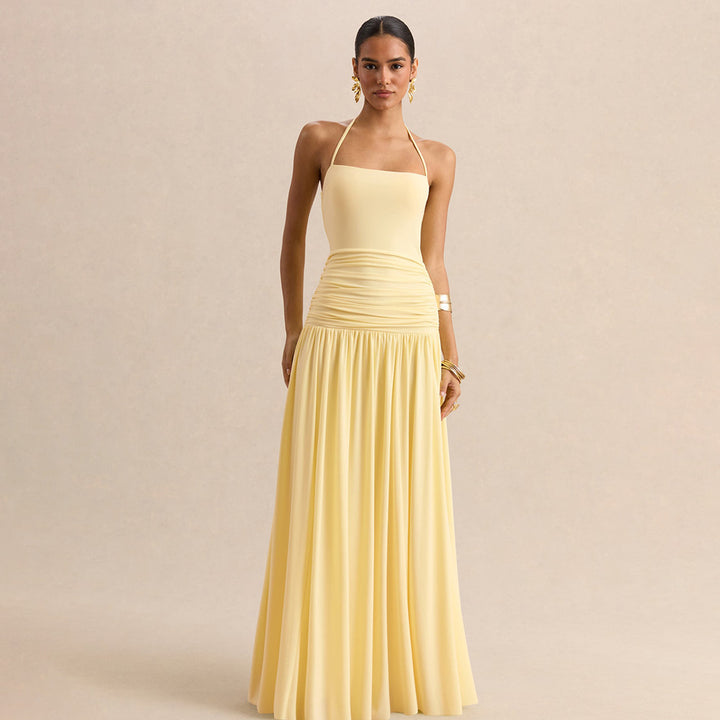 Damen Maxikleid mit Raffungen und schulterfreiem Design Drune