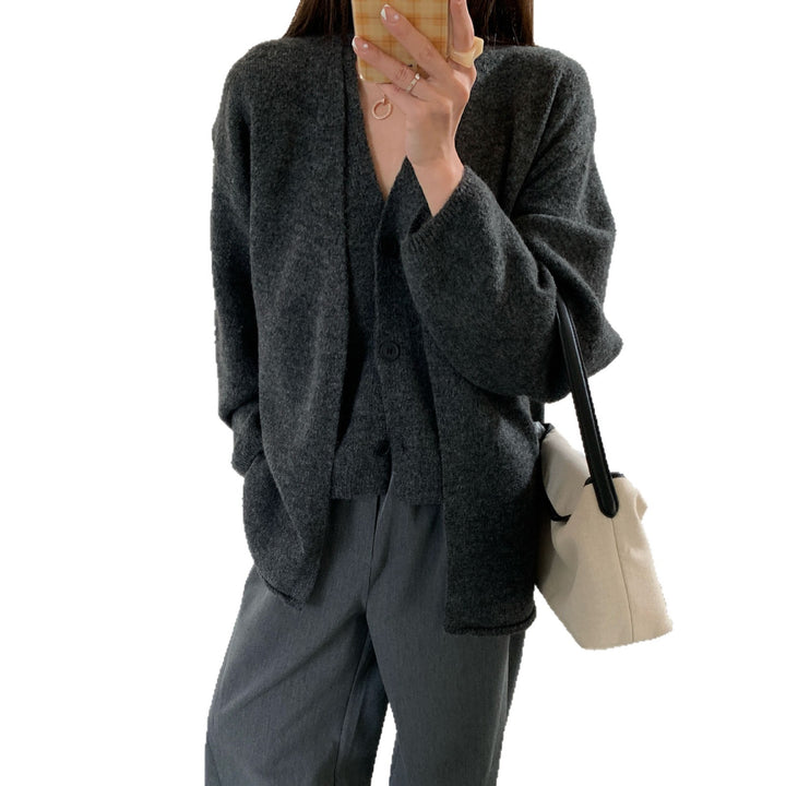 Damen lässiger Strickcardigan mit Knopfverschluss und voluminösen Ärmeln Drune