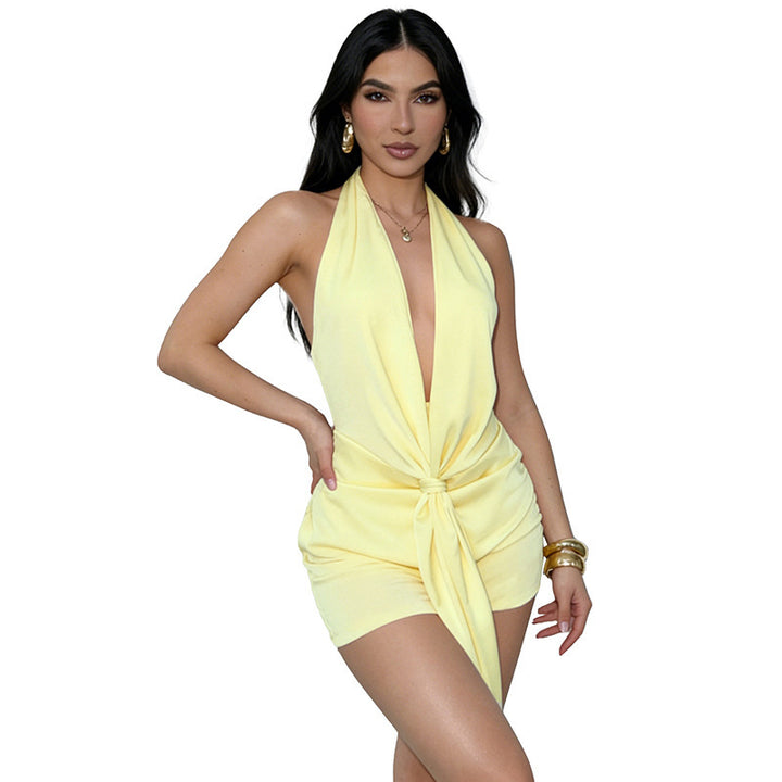 Damen Elegantes Wickel-Playuit mit tiefem V-Ausschnitt und schöner Taillenbindung Drune