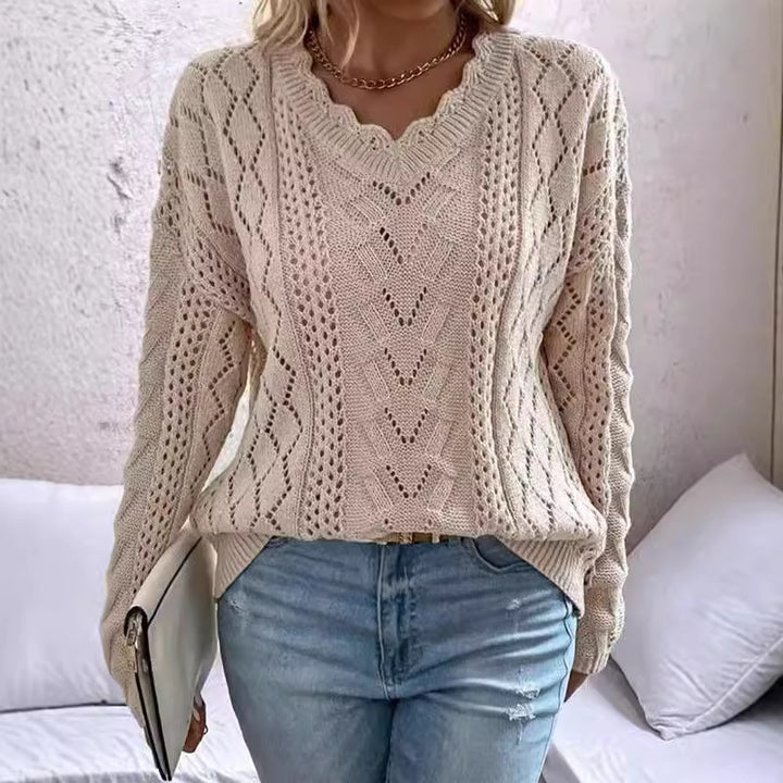 Damen Strickpullover mit raffinierten Netzstrukturen und V-Ausschnitt Drune