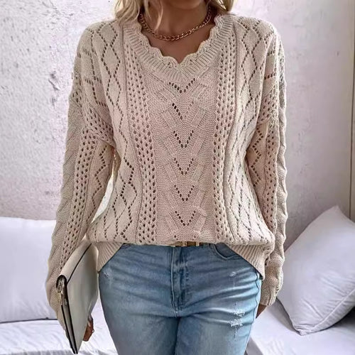 Damen Strickpullover mit raffinierten Netzstrukturen und V-Ausschnitt Drune