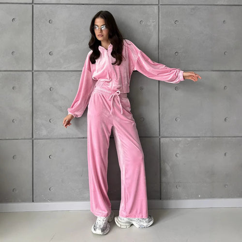 Damen Velours-Loungewear-Anzug mit Kapuze und weitem Schnitt Drune