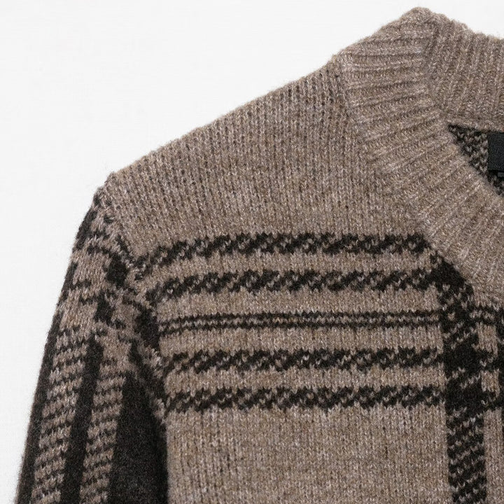Damen Modische Karostrickjacke mit Knopfleiste und Rundhalsausschnitt Drune
