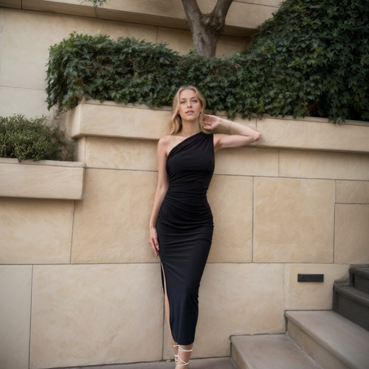 Damen figurbetontes Wickelkleid mit asymmetrischem Ausschnitt und elegantem Rüschen-Finish Drune