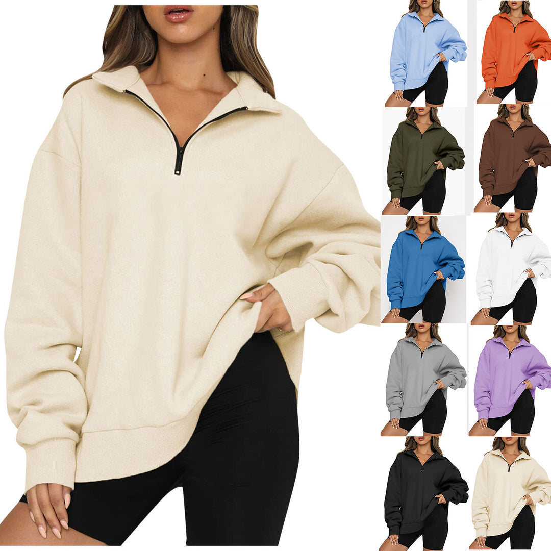 Damen nan oversized Sweatshirt mit halbem Reißverschluss, Stehkragen und überschnittener Schulter Drune
