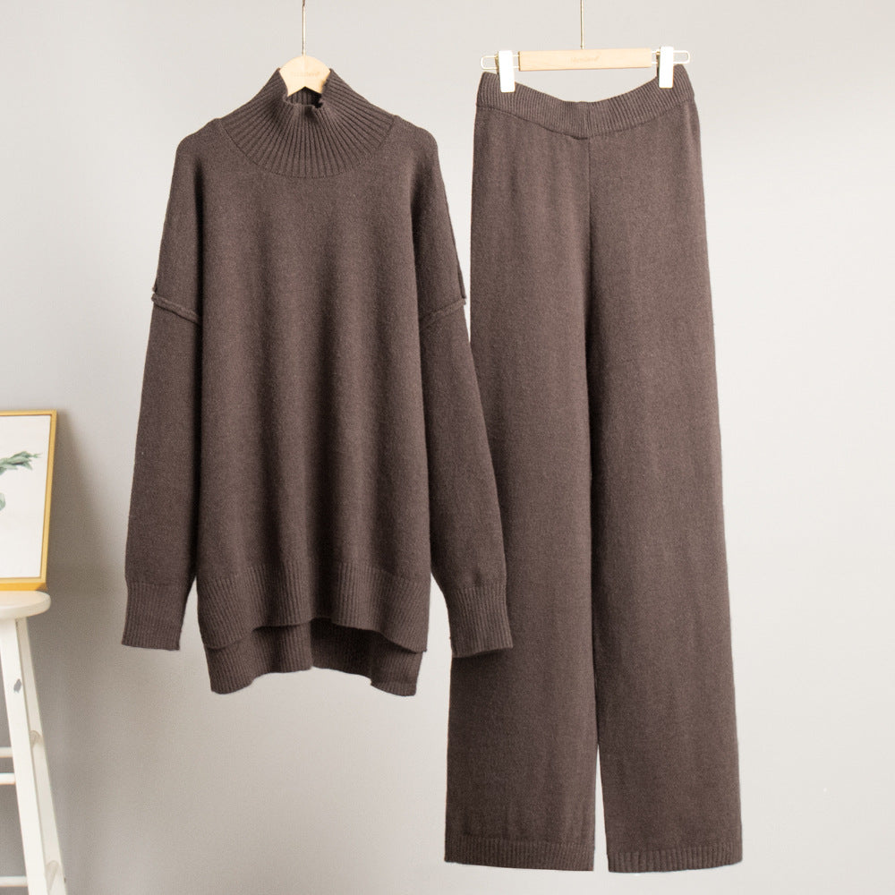 Damen Lässiger Strickanzug mit hohem Kragen und weitem Bein Drune