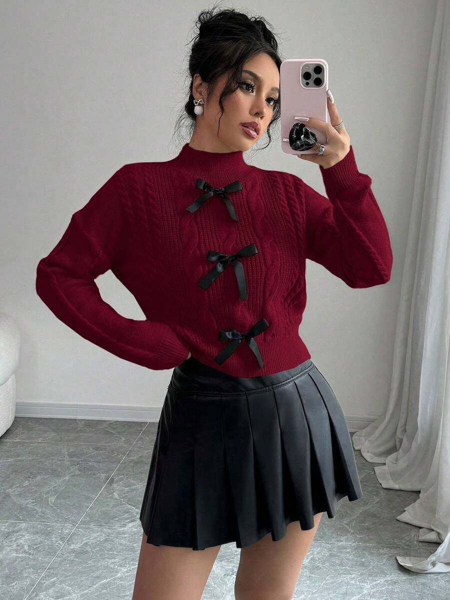 Damen Strickpullover mit dekorativen Schleifenelementen und hochkochgedämpftem Kragen Drune
