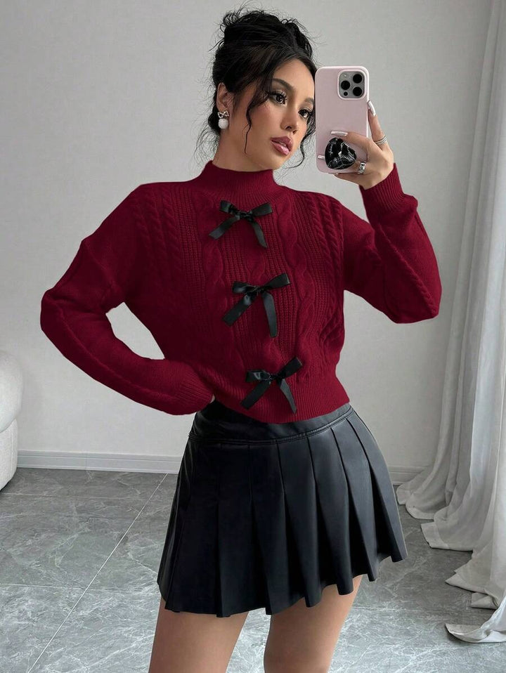 Damen Strickpullover mit dekorativen Schleifenelementen und hochkochgedämpftem Kragen Drune