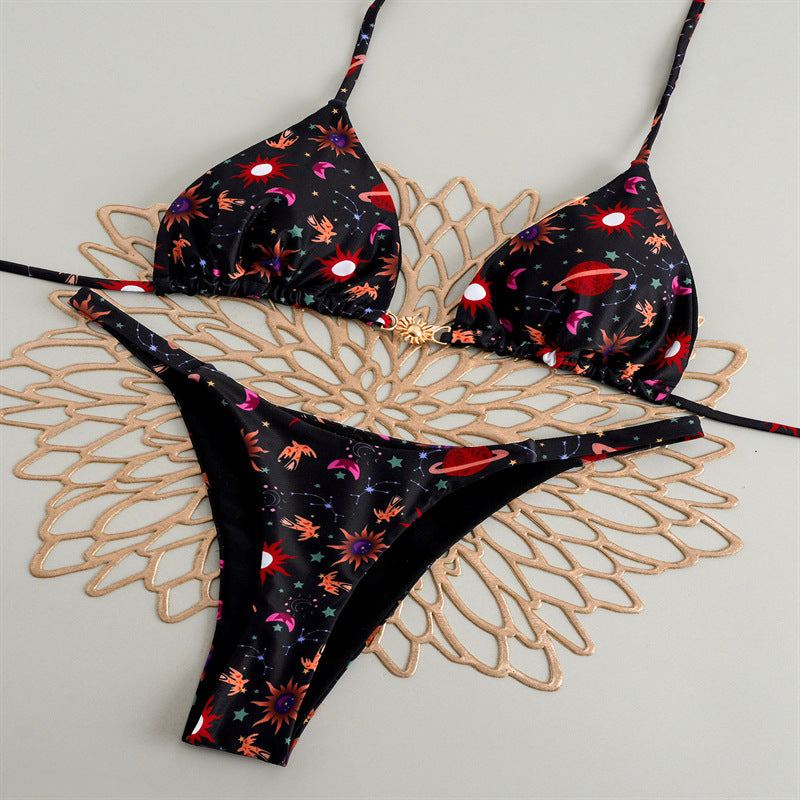 Damen Triangel-Bikini mit floralem Muster und eleganter Goldschließe Drune