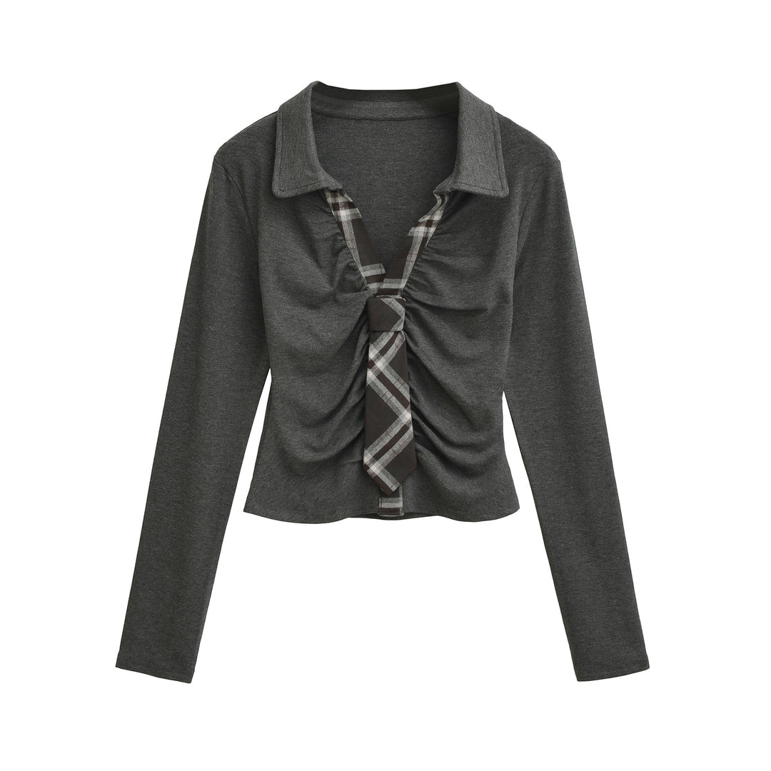 Damen Langarmshirt mit gerafftem Design und modernem Hemdkragen Drune
