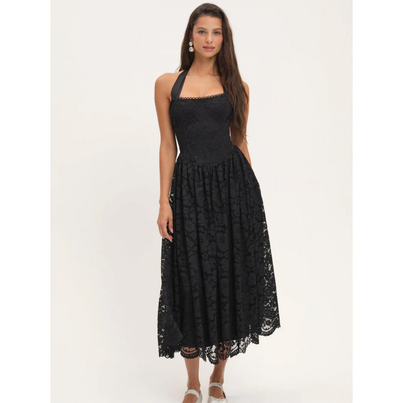 Damen luftiges Sommerkleid mit romantischem Spitzenoberteil und elastischem Taillenbund Drune
