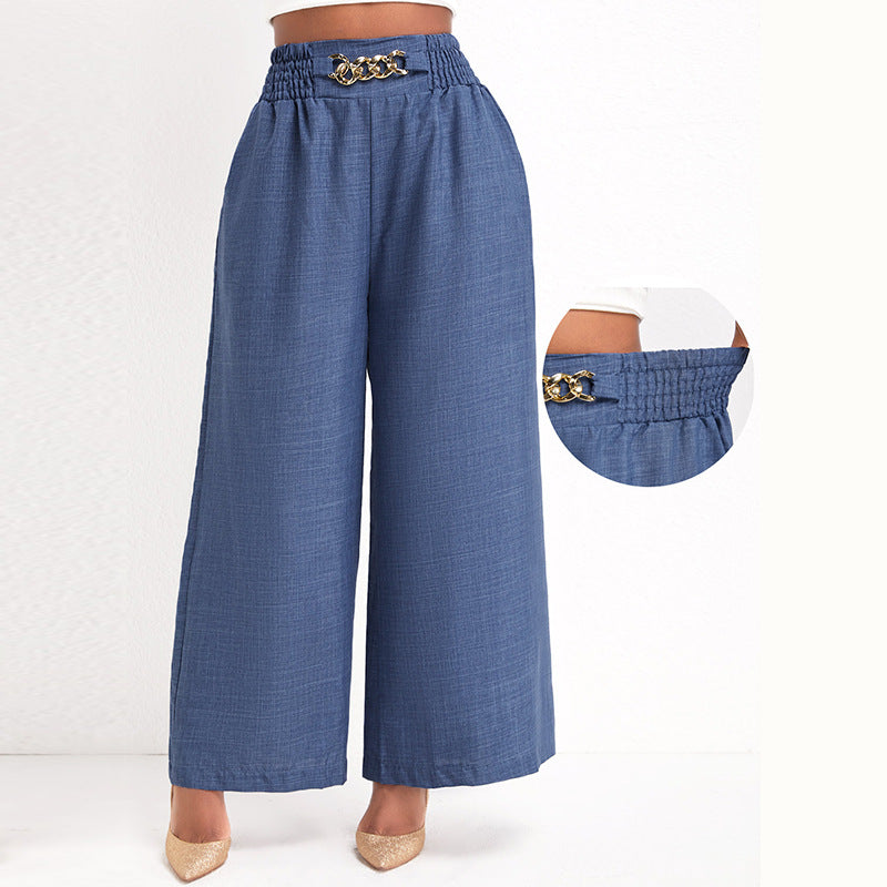 Damen Elegante Weitbein-Hose mit elastischem Bund und goldener Kette Drune