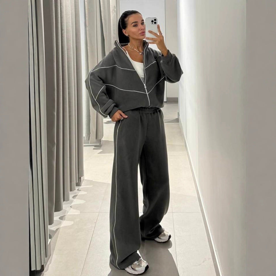 Damen elegantes Freizeit-Loungewear-Set mit langen Ärmeln und Reißverschluss Drune
