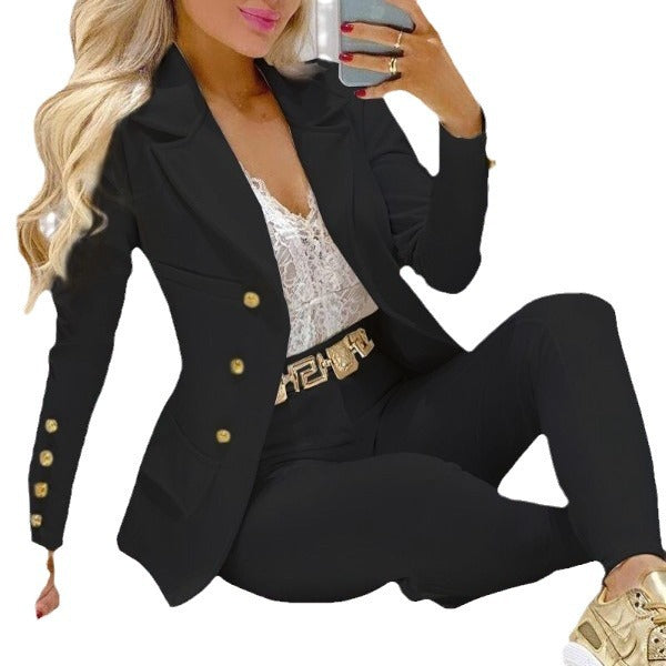 Damen nan tailliertes Doppelreiher-Blazer-Set mit goldknopf-Detail und hochtaillierter Slimhose Drune