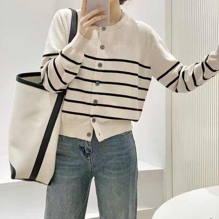 Damen lässiger Strickcardigan mit klassischen Streifen und Knopfdetails Drune
