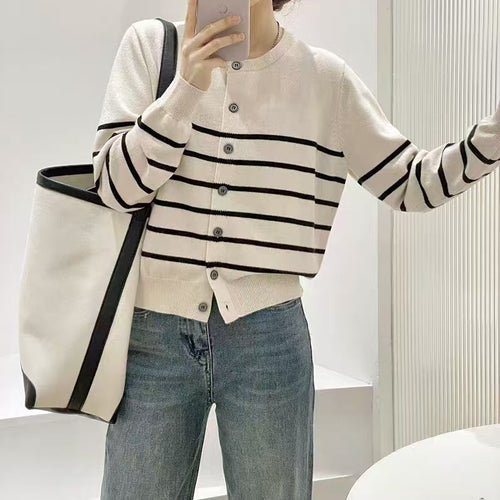 Damen lässiger Strickcardigan mit klassischen Streifen und Knopfdetails Drune