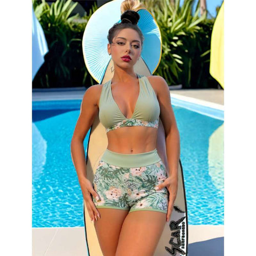 Damen sportliches Bikini-Set mit hohem Bund und floralem Design Drune