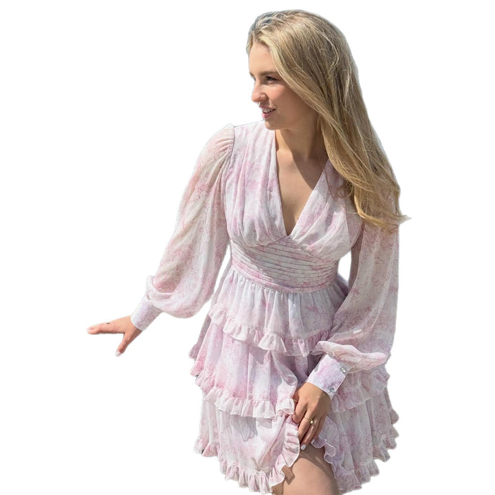 Damen romantisches Rüschendetail Kleid mit tiefem V-Ausschnitt und langem Ärmel Drune