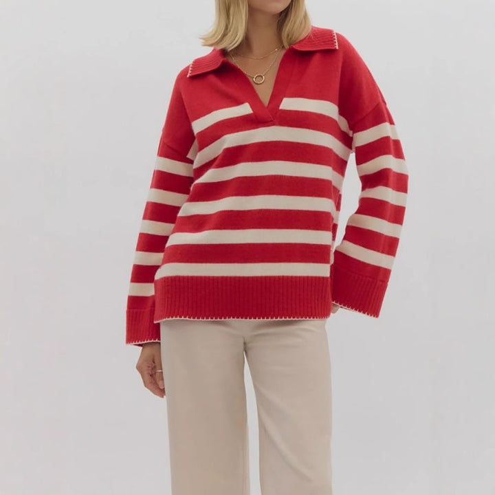 Damen stylischer Strickpullover mit elegantem V-Ausschnitt und breitem Streifenmuster Drune
