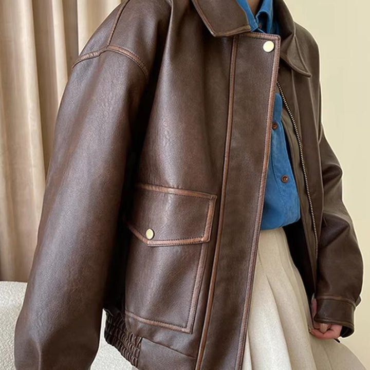 Damen Modische Kunstlederjacke mit praktischen Taschen und lässigem Schnitt Drune