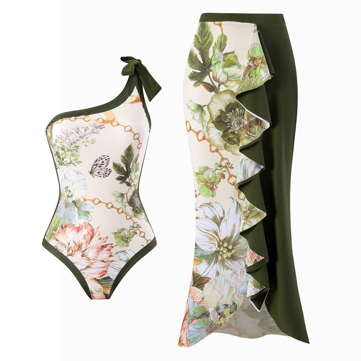 Damen Einteiler Badeanzug mit asymmetrischem Schnitt und elegantem Wickelrock Drune