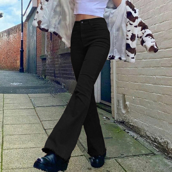 Damen klassische Bootcut-Jeans mit fransigem Saum und hohem Bund Drune