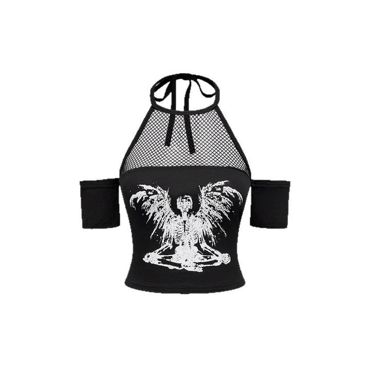 Damen Trendiges Crop-Top mit Netzdetails und originellem Grafiklitz Drune