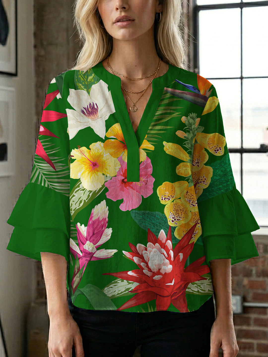 Damen Blusenshirt mit voluminösen Ärmeln und floralem Muster Drune