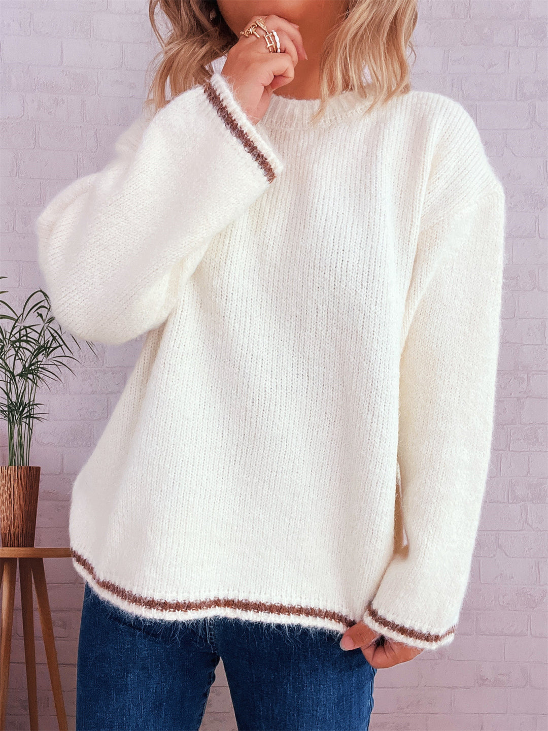 Damen lässiger Wohlfühlpullover mit blockfarbenem Design Drune