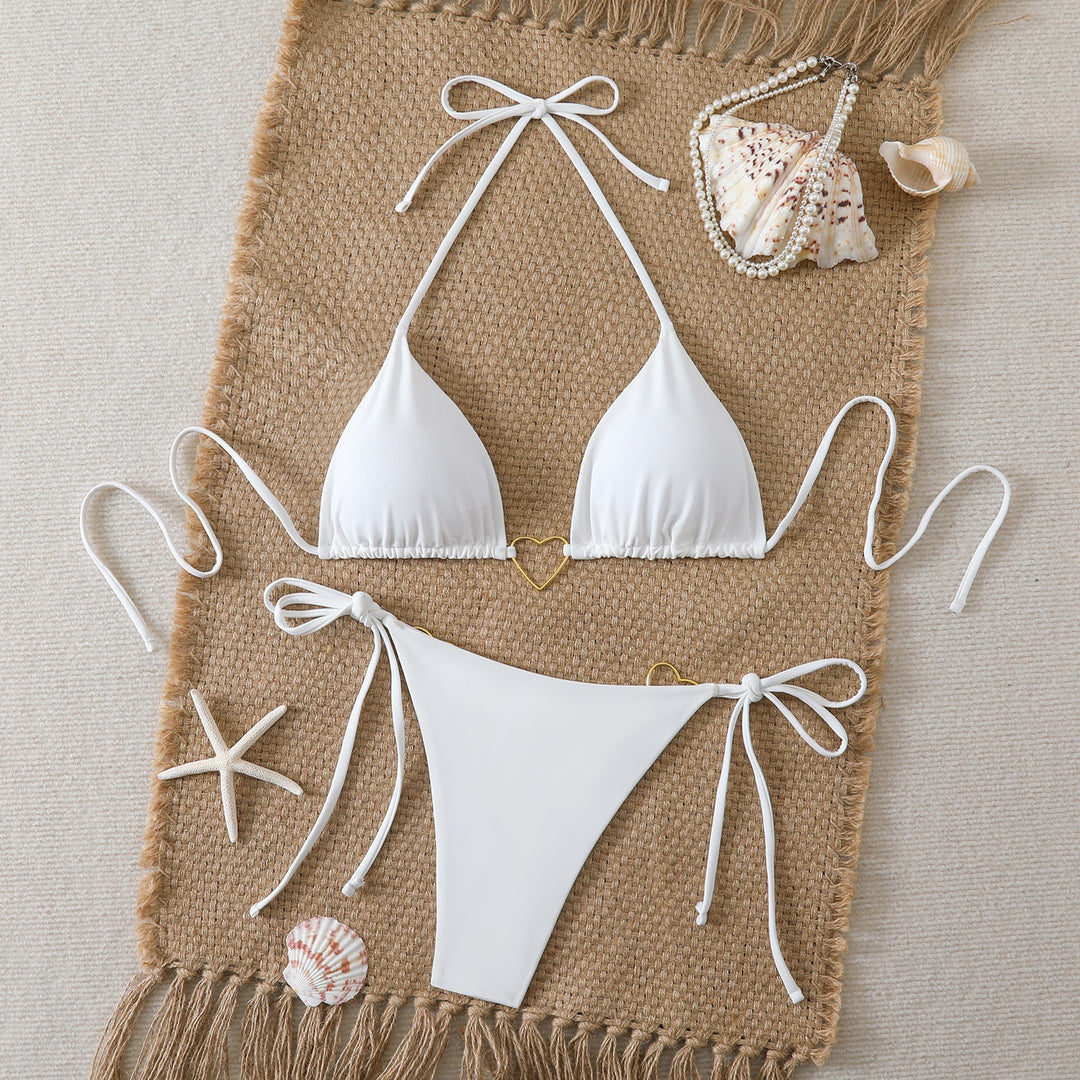 Damen Triangel-Bikini-Set mit verspielten Schleifen und Herz-Applikationen Drune