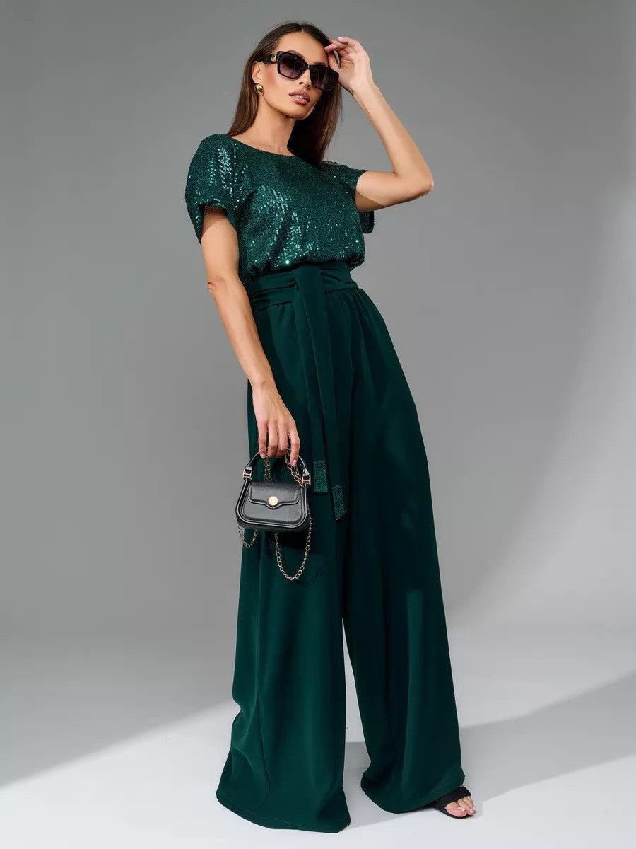 Damen Glamouröses Overalls mit glitzerndem Oberteil und weit geschnittenen Hosen Drune