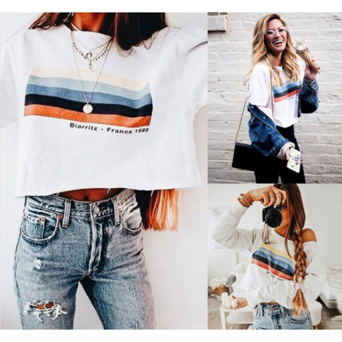 Damen Off-Shoulder Sweatshirt mit farblich abgesetztem Streifenmuster Drune