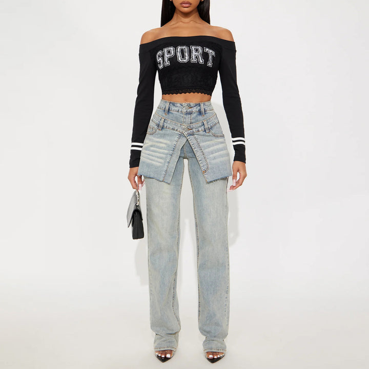 Damen Modische Denim-Hose mit asymmetrischem Design und hohem Bund Drune