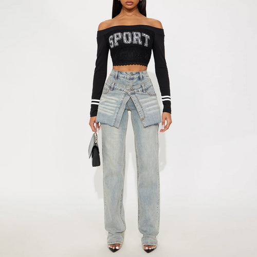 Damen Modische Denim-Hose mit asymmetrischem Design und hohem Bund Drune