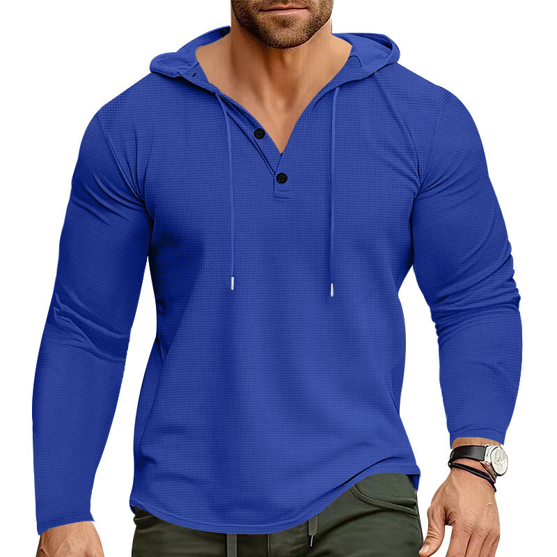 Herren nan körperbetontes Waffelstruktur-Henley-Hoodie mit halber Knopfleiste und Zugkordel Drune