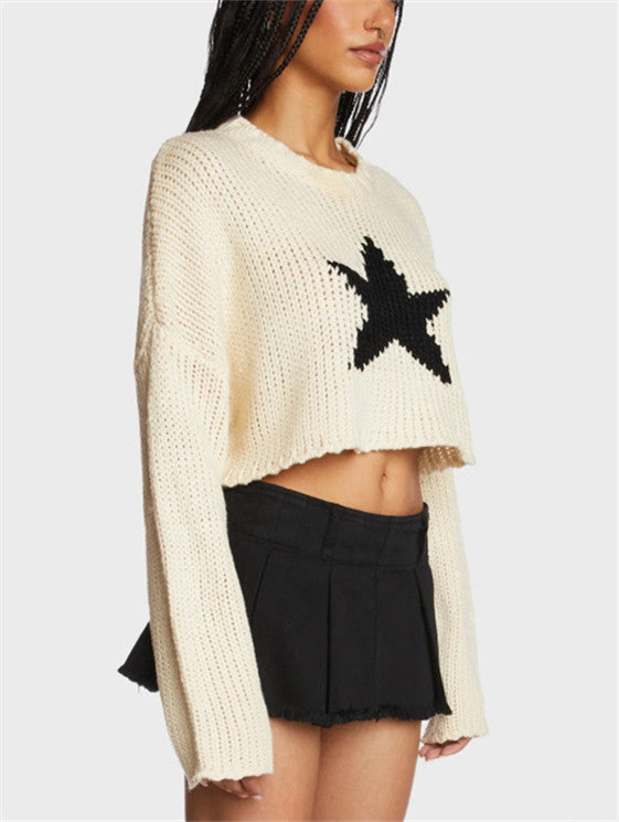 Damen modischer Grobstrickpullover mit trendy Sternenapplikation Drune