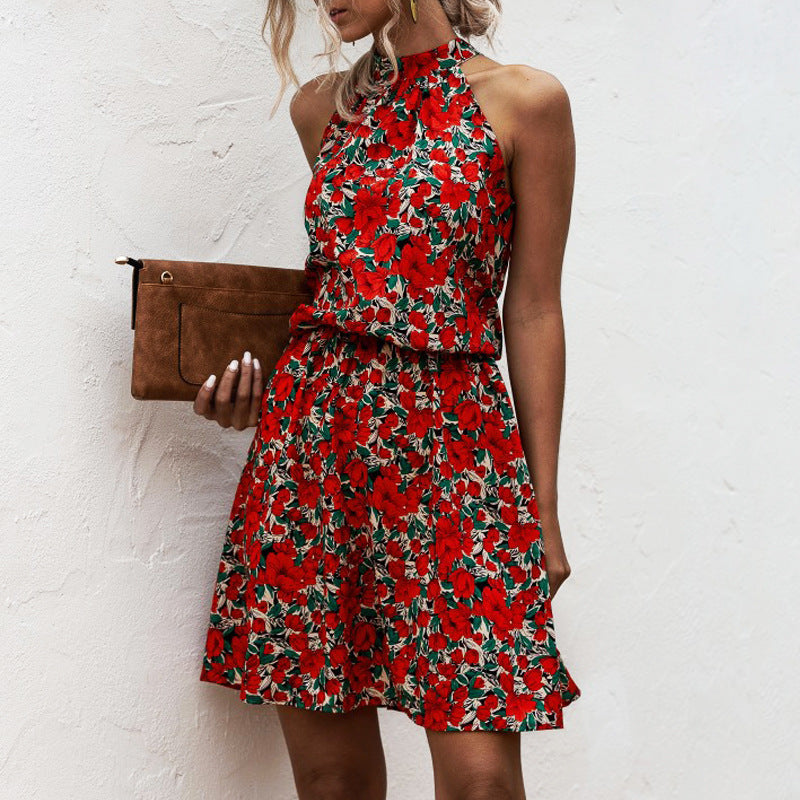 Damen Blumiges Sommerkleid mit hohem Kragen und elastischem Taillenbund Drune