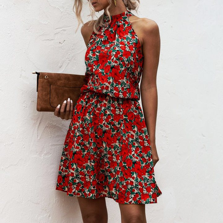Damen Blumiges Sommerkleid mit hohem Kragen und elastischem Taillenbund Drune