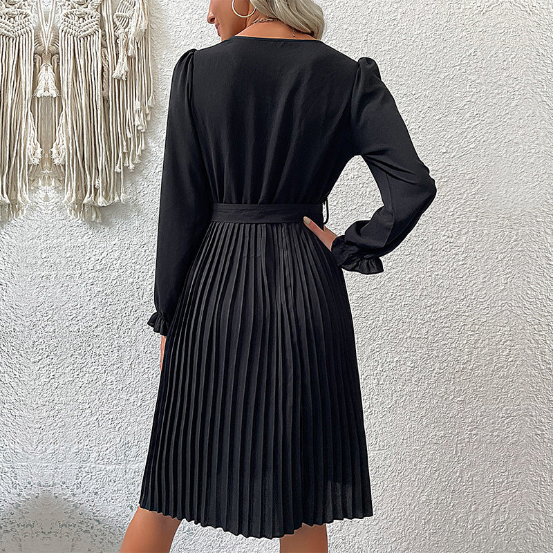 Damen Plissee-Wickelkleid mit Knopfdetails und Taillengürtel Drune