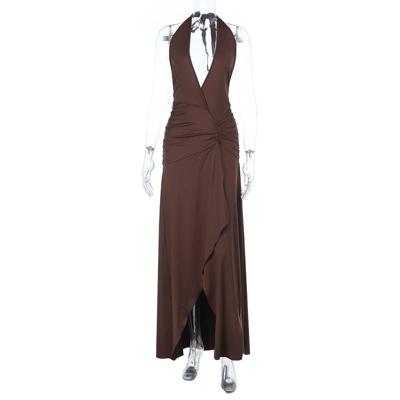 Damen Halter-Langkleid mit tiefem V-Ausschnitt und gerafftem Design Drune