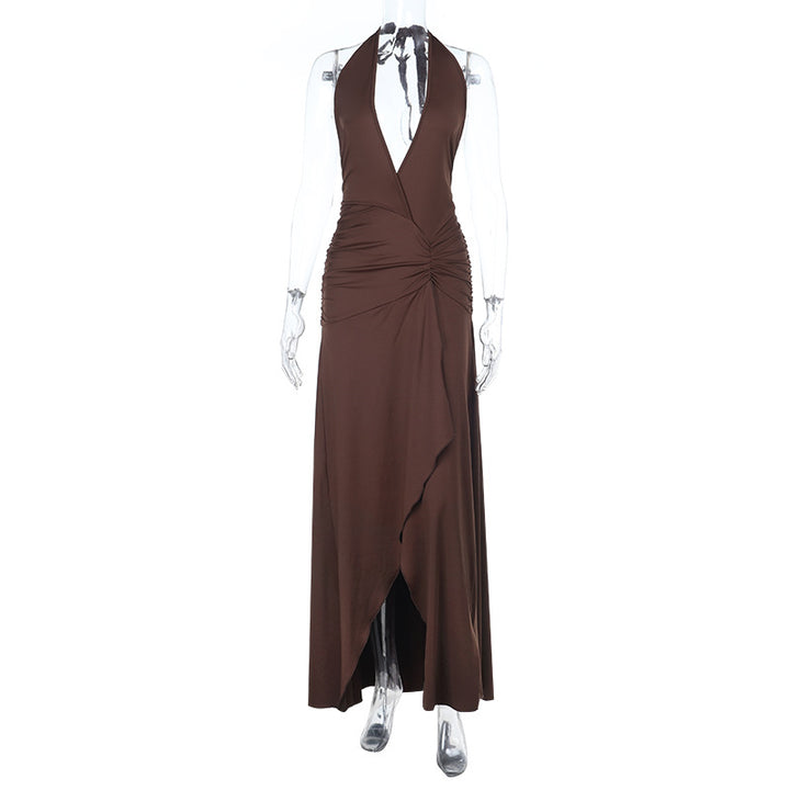 Damen Halter-Langkleid mit tiefem V-Ausschnitt und gerafftem Design Drune