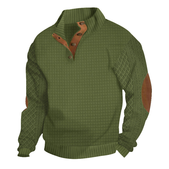 Herren nan Halbknopf-Stehkragenpullover mit Wabenstruktur und Lederbesatz Drune