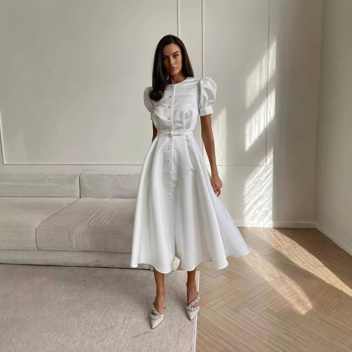 Damen Midi-Kleid mit Puffärmeln und schimmerndem Satin-Finish Drune
